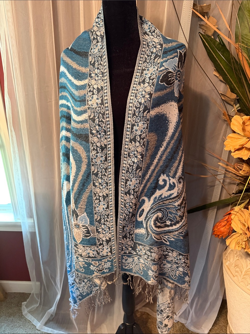 Blue and Cream Floral Paisley Shawl Wrap
